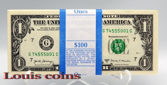 B141-USA 2017美國紙幣1 Dollars百張連號(O)