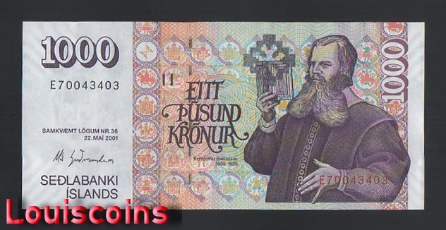 B145-ICELAND-2001冰島紙幣,1000 kronur(B)