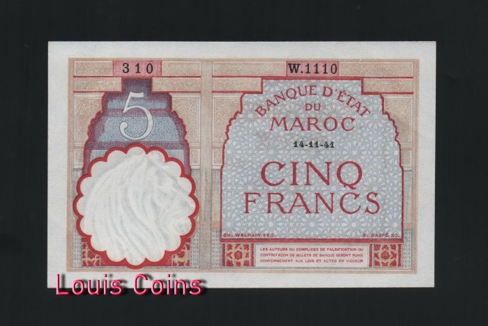 151-1 B151-MOROCCO--1941摩洛哥紙幣,5 Francs(B)