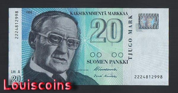 B0153-FINLAND-1993芬蘭鈔票-20 Markka(O)