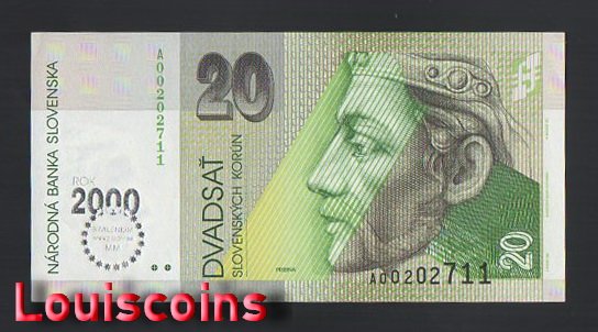 16-1 B016-SLOVAKIA-2000斯洛伐克紀念紙鈔-20 koruna(B)