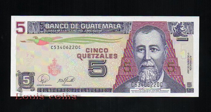 B184-GUATEMALA--2007瓜地馬拉紙幣5 Quetzales(189)
