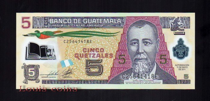 B185-GUATEMALA--2011瓜地馬拉塑膠鈔票5 Quetzales(B)