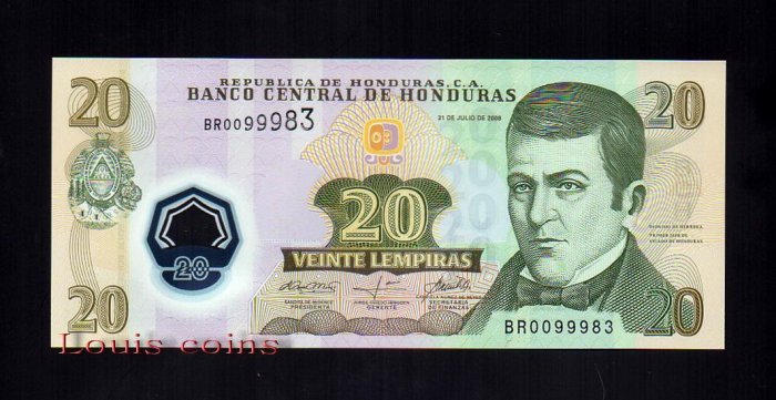 188-1 B188-HONDURAS--2008宏都拉斯塑膠鈔票20 Lempiras(200)