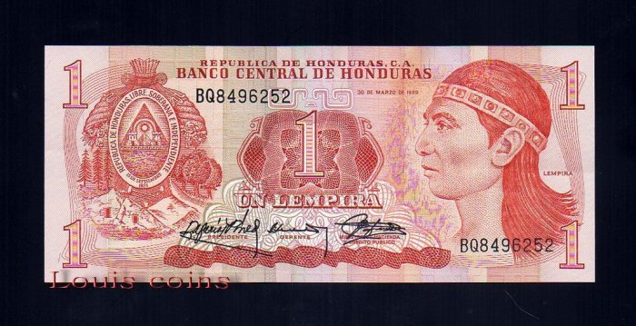B189-HONDURAS--1989宏都拉斯紙幣1 Lempira(201)