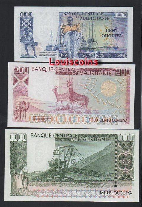 231-2 B231-MAURITANIA-1975茅利塔尼亞全套紙幣,100-1000 Ouguiya(3張一套)(B)