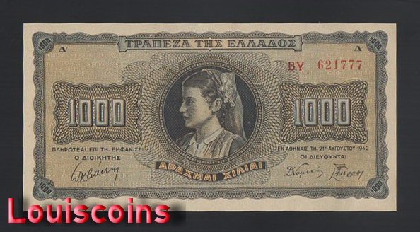 267-1 B267-GREECE-1942希臘紙幣,1.000 Drachmai(B)