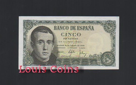B282-SPAIN--1951西班牙紙幣5 Pesetas(B)