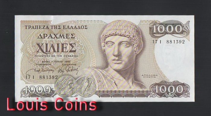 288-1 B288-GREECE-1987希臘紙幣,1000 Drachmai(B)