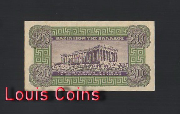 295-2 B295-GREECE-1940希臘紙幣,20 Drachmai(336)