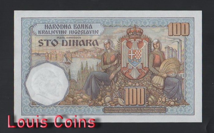 302-2 B302-YUGOSLAVIA-1934南斯拉夫紙幣,100 Dinara(B)