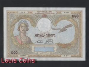 B304-YUGOSLAVIA-1931南斯拉夫紙幣,1.000 Dinara(O)
