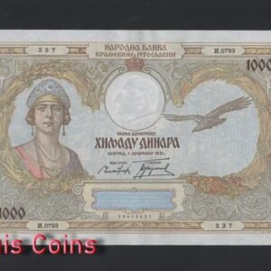 B304-YUGOSLAVIA-1931南斯拉夫紙幣,1.000 Dinara(O)
