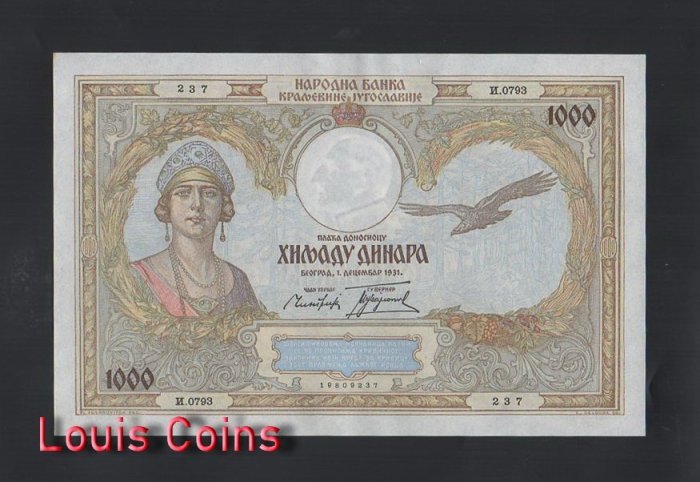 B304-YUGOSLAVIA-1931南斯拉夫紙幣,1.000 Dinara(O)