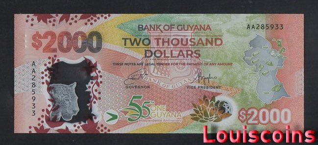 306-2 B306-GUYANA-2022圭亞那塑膠紀念紙幣-2.000 Dollars(849)