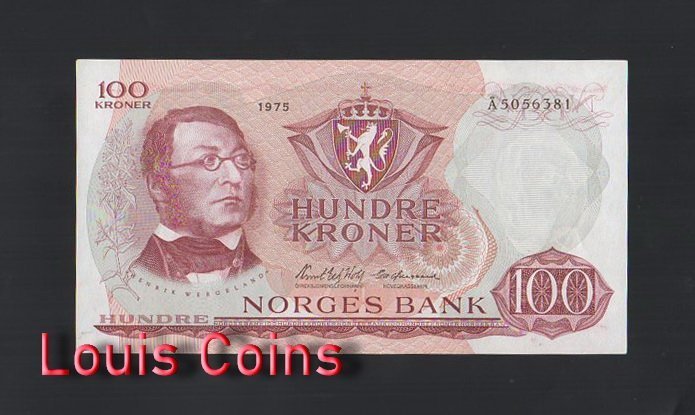 B330-NORWAY-1975挪威紙幣,100 Kroner(HB)