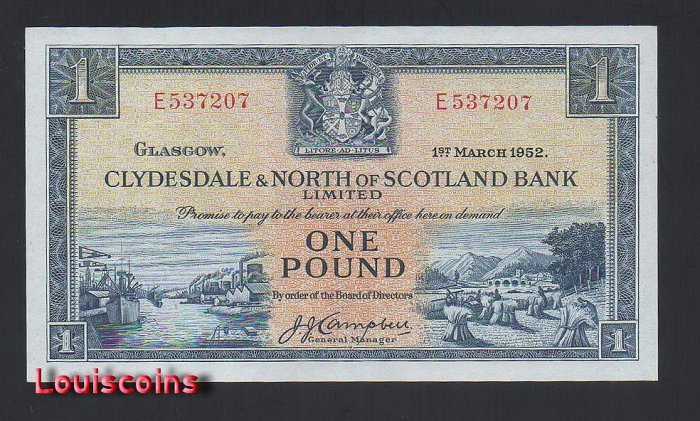 B339-SCOTLAND-1952蘇格蘭鈔票1 Pound(O)