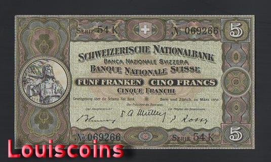 B341-SWITZERLAND-1913-1953瑞士紙幣-5 Franken(B)