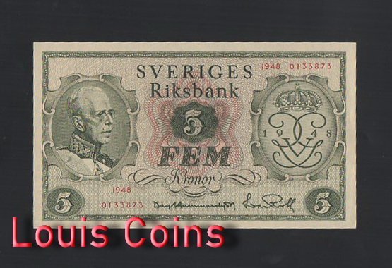 B347-SWEDEN-1948瑞典紙幣,5 Kronor(B)