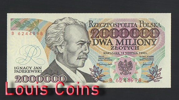 B349-POLAND-1992波蘭紙幣,2.000.000 Złotych(B)