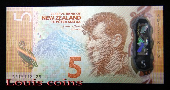 374-1 B374-NEW ZEALAND-2015紐西蘭塑膠鈔,5 Dollars(678)