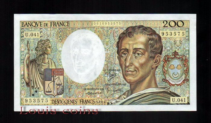 38-1 B038-FRANCE-1981-94法國紙鈔.200 francs孟德斯鳩(1133)