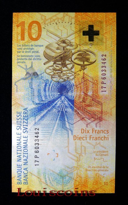 B382-SWITZERLAND 2016～2021瑞士紙幣10 Francs(B)