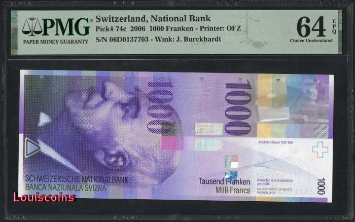 B387- SWITZERLAND-2006-瑞士紙幣-1000 Franken(O)