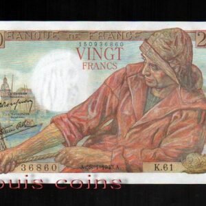 B039-FRANCE-1942-50法國紙鈔.20 francs布列塔尼騎兵雕像(1272)