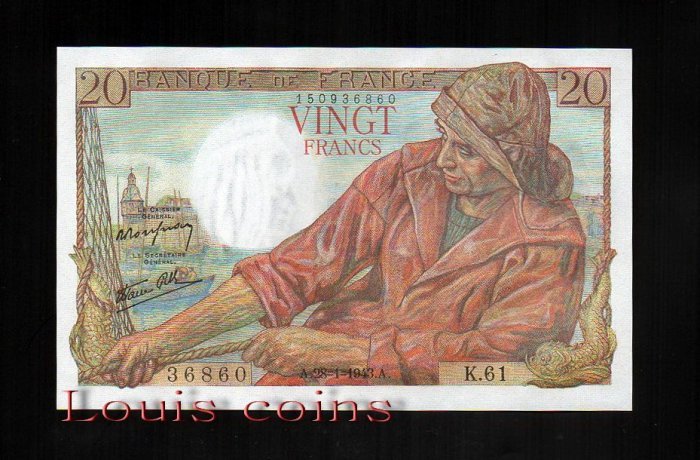 B039-FRANCE-1942-50法國紙鈔.20 francs布列塔尼騎兵雕像(1272)