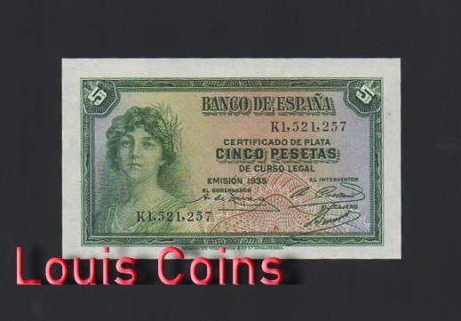 B398-SPAIN-1935西班牙紙幣5 Pesetas(O)