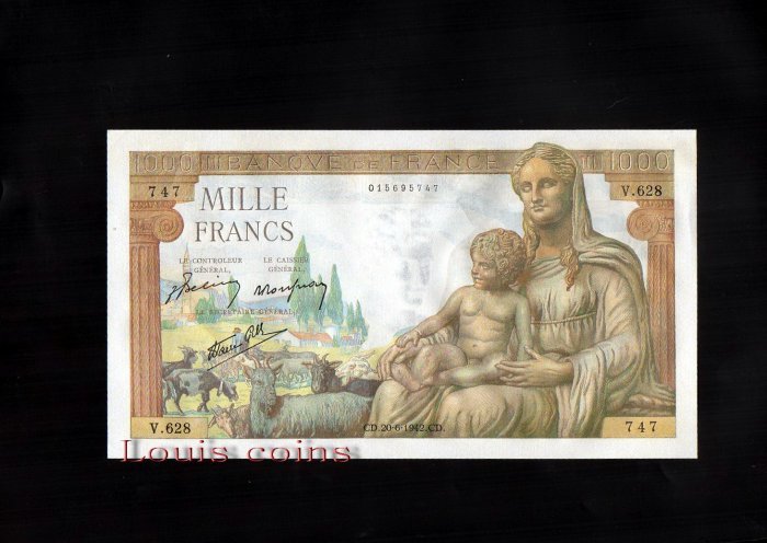 B053-FRANCE-1942法國紙鈔.1000 francs (1363)