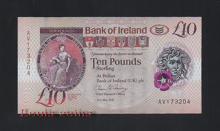 71-1 B071-NORTHERN IRELAND-2017北愛爾蘭塑膠鈔.10 pounds(1309)
