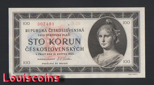 B086-CZECHOSLOVAKIA-1945捷克斯洛伐克紙幣,100 Korun(O)