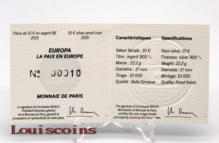 88-5 F088‧France‧2015法國‧歐洲和平70周年Proof紀念銀幣
