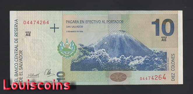 9-2 B009-EL SALVADOR-1998薩爾瓦多鈔-10 Colones(1237)