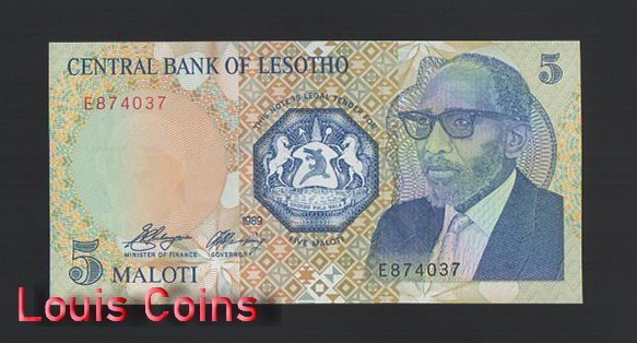 1022-1 B1022-LESOTHO-1989賴索托紙幣,5 Maloti(766)