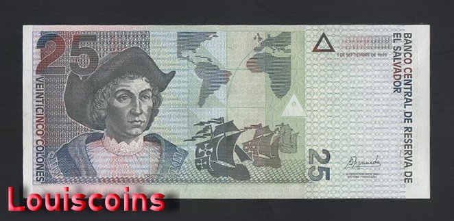 1045-1 B1045-EL SALVADOR-1999薩爾瓦多鈔票-25 Colones(O)
