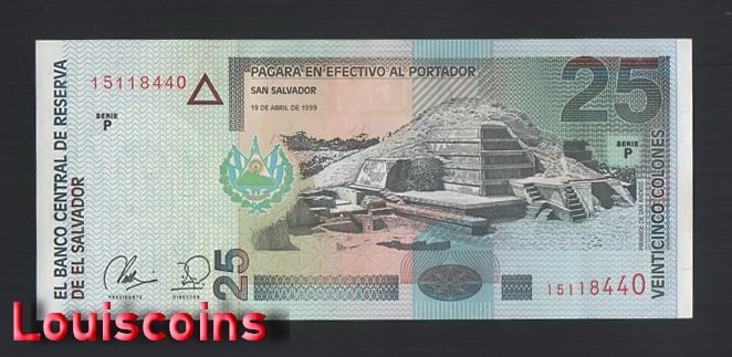 1045-2 B1045-EL SALVADOR-1999薩爾瓦多鈔票-25 Colones(O)