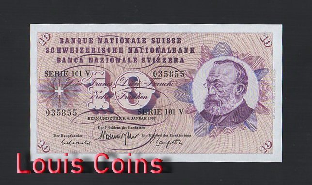 399-1 B399-SWITZERLAND--1955-1977瑞士紙幣10 Franken(B)