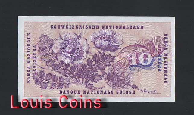 399-2 B399-SWITZERLAND--1955-1977瑞士紙幣10 Franken(B)