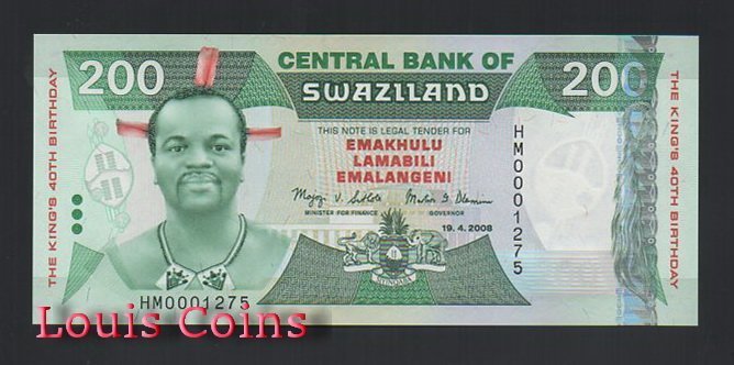 B406-SWAZILAND--2008史瓦濟蘭紀念紙幣200 Emalangeni(B)