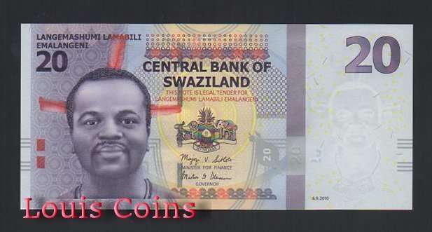 408-1 B408-SWAZILAND--2010史瓦濟蘭紙幣20 Emalangeni(538)