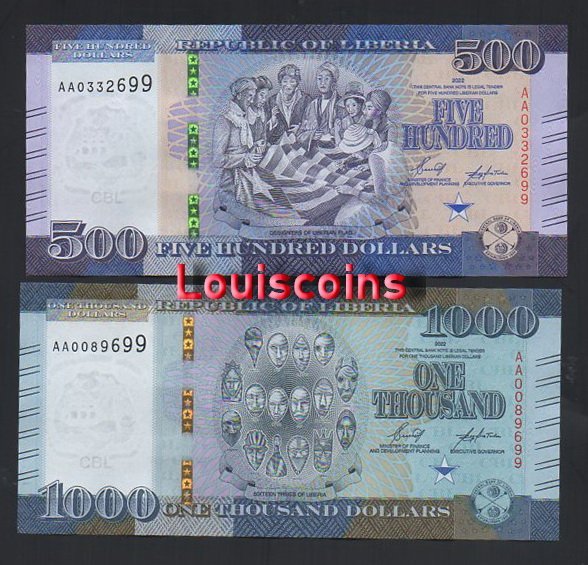 B449-LIBERIA-2022賴比瑞亞紙幣-500.1000 Dollars（362）