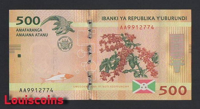 456-1 B456-BURUNDI-2015-23普隆地紙幣500 Francs / Amafaranga(B)