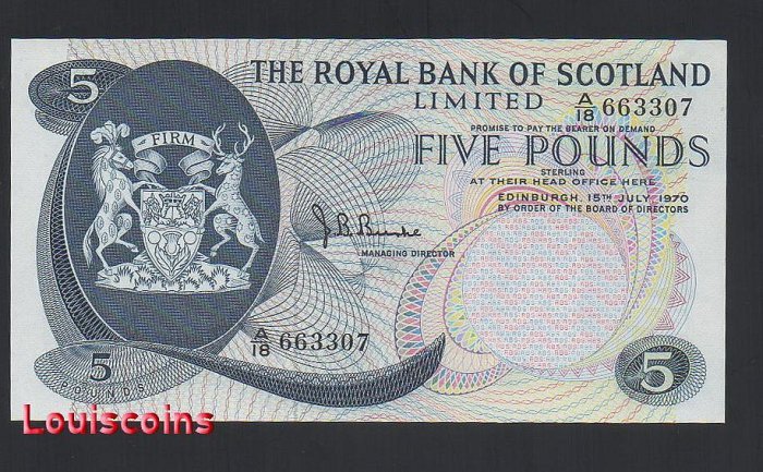 B495-IRELAND-1970蘇格蘭鈔票5 Pound(O)