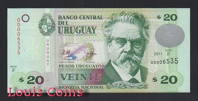 515-1 B515-URUGUAY--2011烏拉圭塑紙鈔20 Pesos Uruguayos(666)