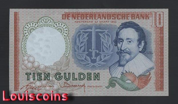 B538-NETHERLANDS-1953荷蘭紙幣,10 Gulden(BO)