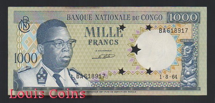 548-1 B548-CONGO-- 1964剛果民主共和1.000 Francs(B)