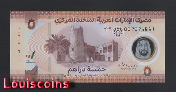 B553-UNITED ARAB EMIRATES-2022阿拉伯聯合大公國塑膠鈔票5 Dirhams(859)